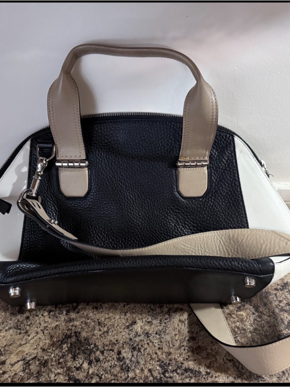 Mackage Black and Cream Leather Satchel with Detachable Strap